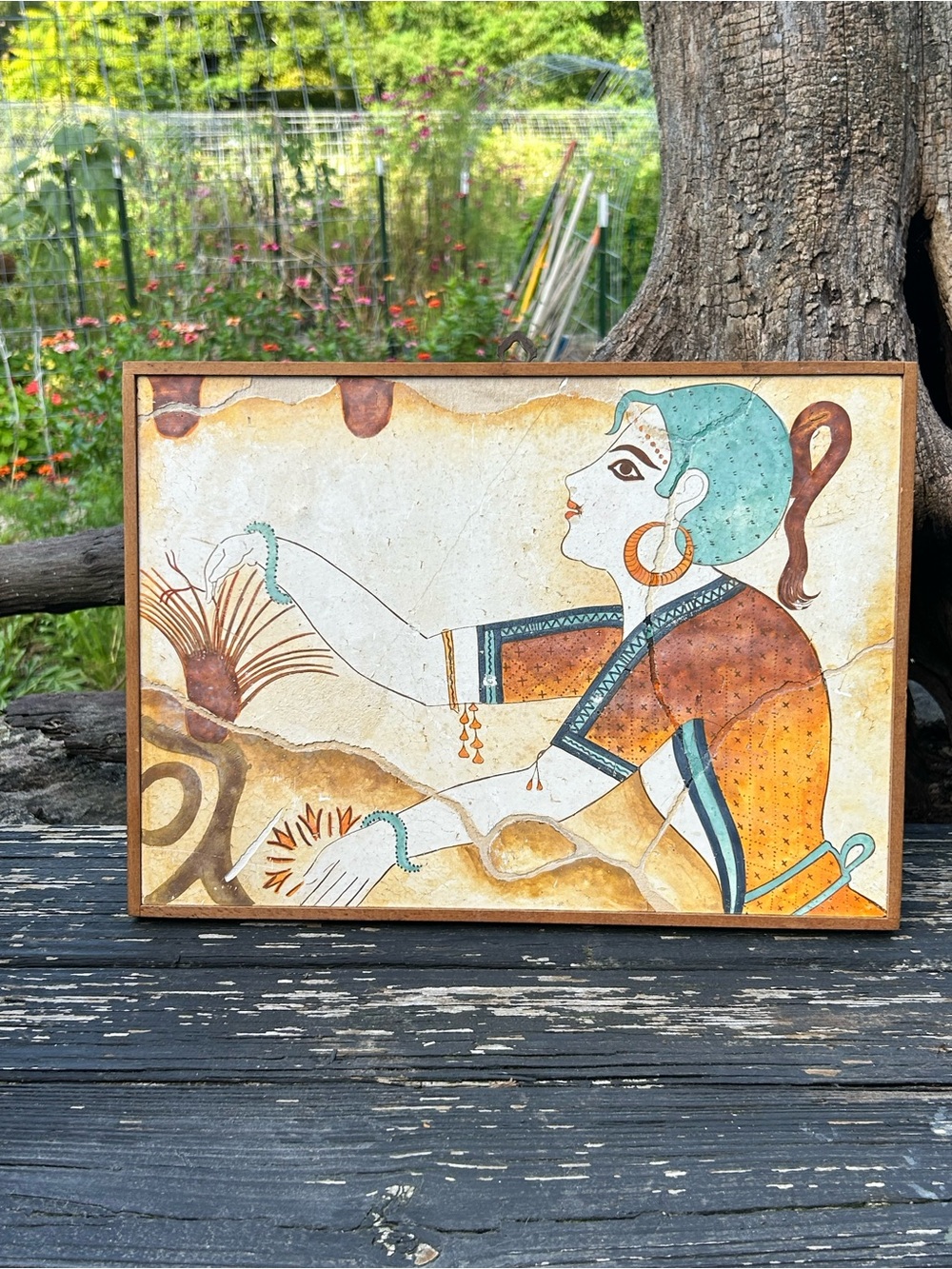 Vintage Greek Museum Copy Fresco Plaque - Minoan Saffron Gatherer Thera Santorin